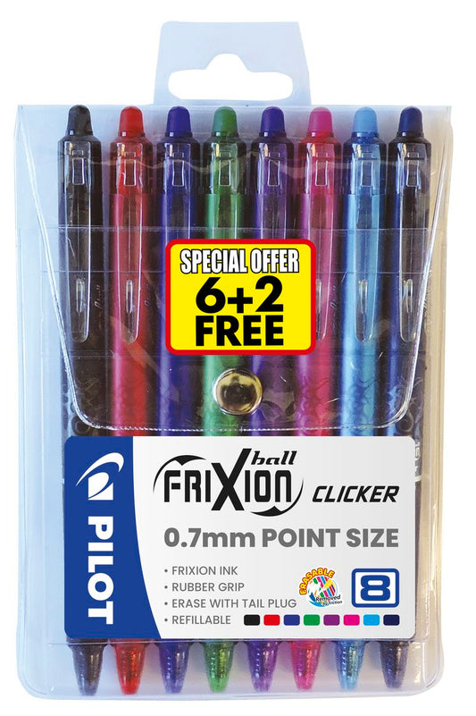Pilot Frixion Ball Clicker Erasable Medium Rollerball Pens - Wallet of 8