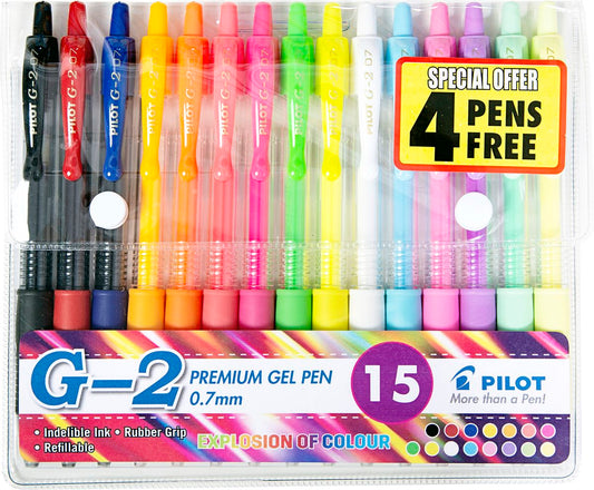 Pilot G-2 0.7 Gel Retractable Pen - Wallet of 15 Fashion Colours